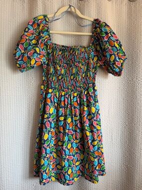 100% Cotton Colorful Fish Print Puff Sleeve Smocked Dress w/ Pockets